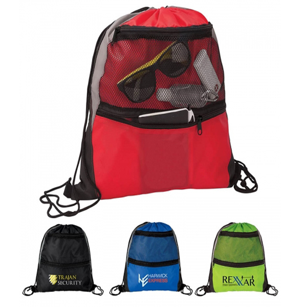 Customized Sports Drawstring Backpack with Front Mesh Pocket and Zipper Pocket